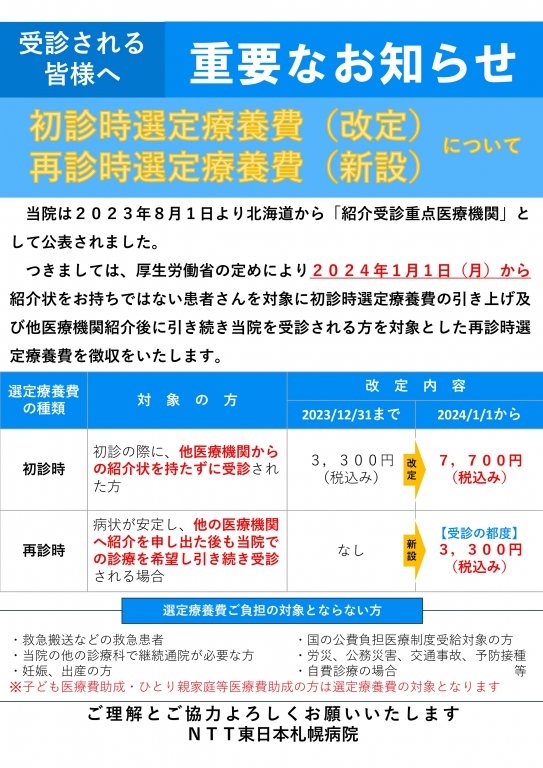 初診時・再診時選定療養費について重要なお知らせビジュアル